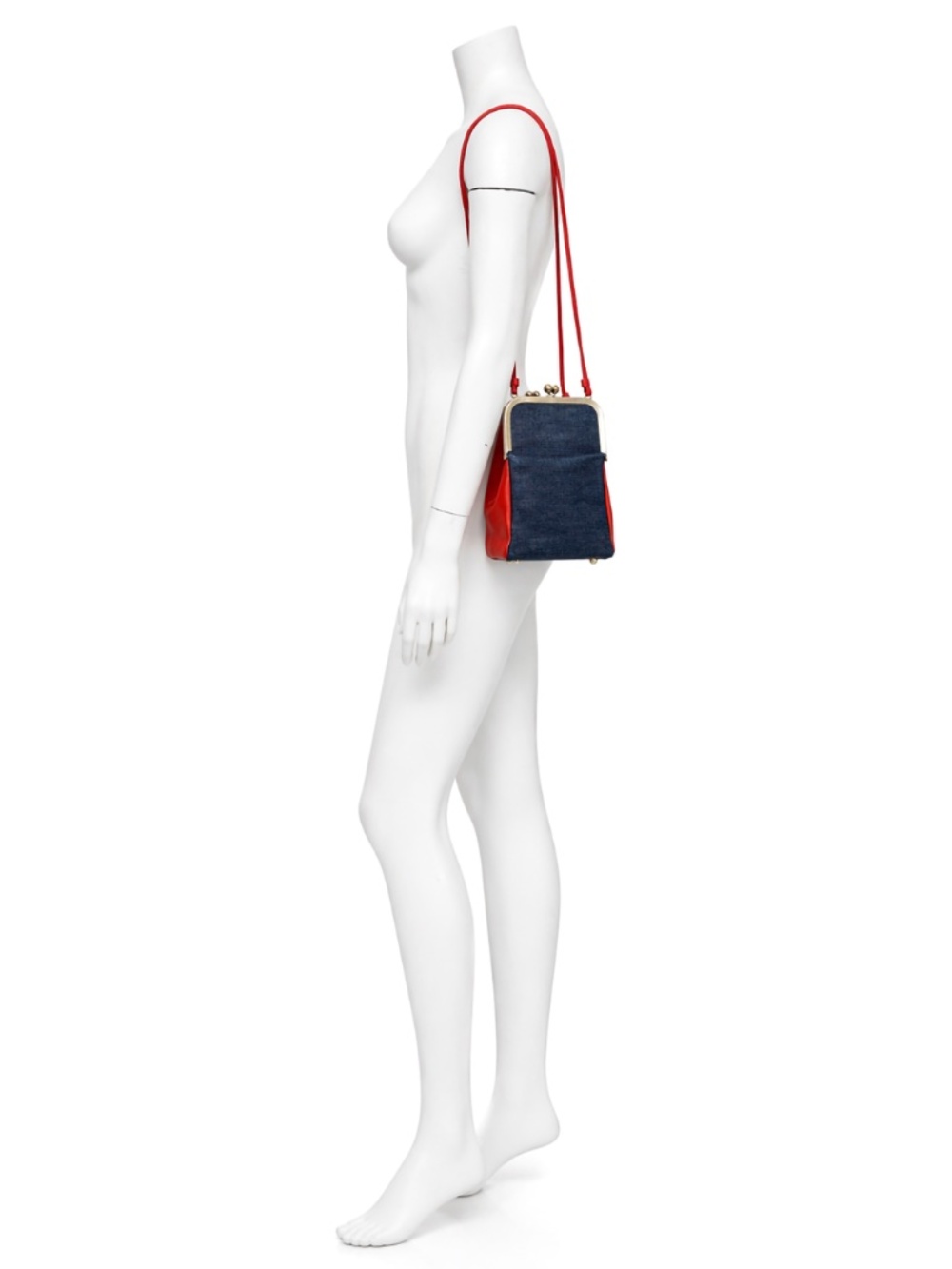 1970s Bonnie Cashin for Coach Red Leather Denim Double Entry Swinger Bag Rare - Picture 6 of 17